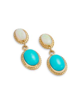 Opal & Turquoise Double Drop Earrings in 14K Yellow Gold