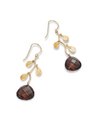 Citrine &amp; Smokey Quartz  Vine Drop Earrings in 14K Yellow Gold