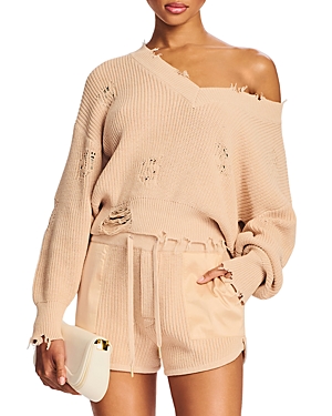 Ser.o.ya Syd Distressed Cotton V Neck Sweater In Cappuccino