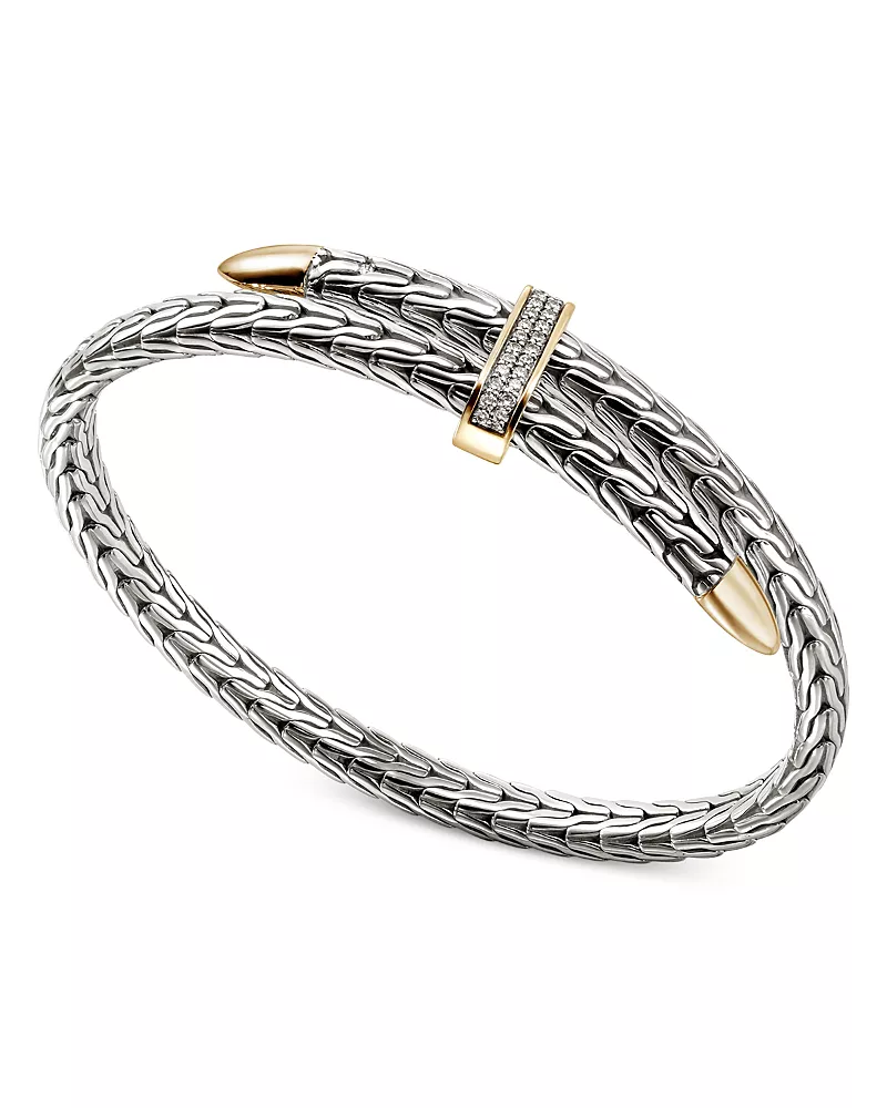 John Hardy 14K Yellow Gold & Sterling Silver Diamond Spear Flex Cuff