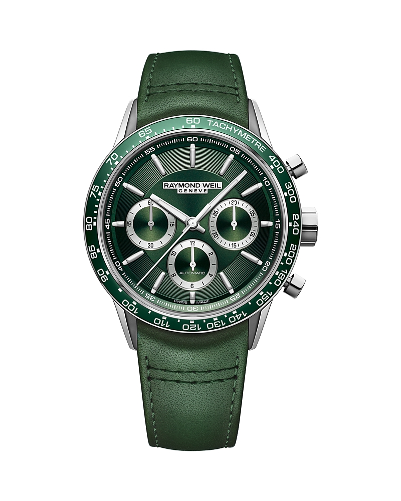 Raymond Weil Men's Swiss Automatic Chronograph Freelancer Green Leather Strap Watch 43.5mm In Green