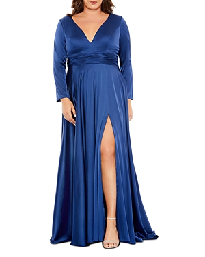 Mac Duggal Blue Quarter Sleeve V Neck A Line Gown In Midnight