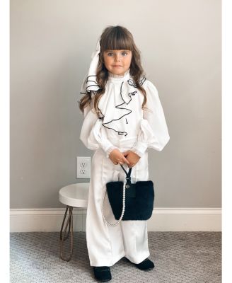 Girls' White Gwen Blouse Set with Cascading Black Trim Ruffle and Wide-leg Pants - Baby, Little Kid, Big Kid
