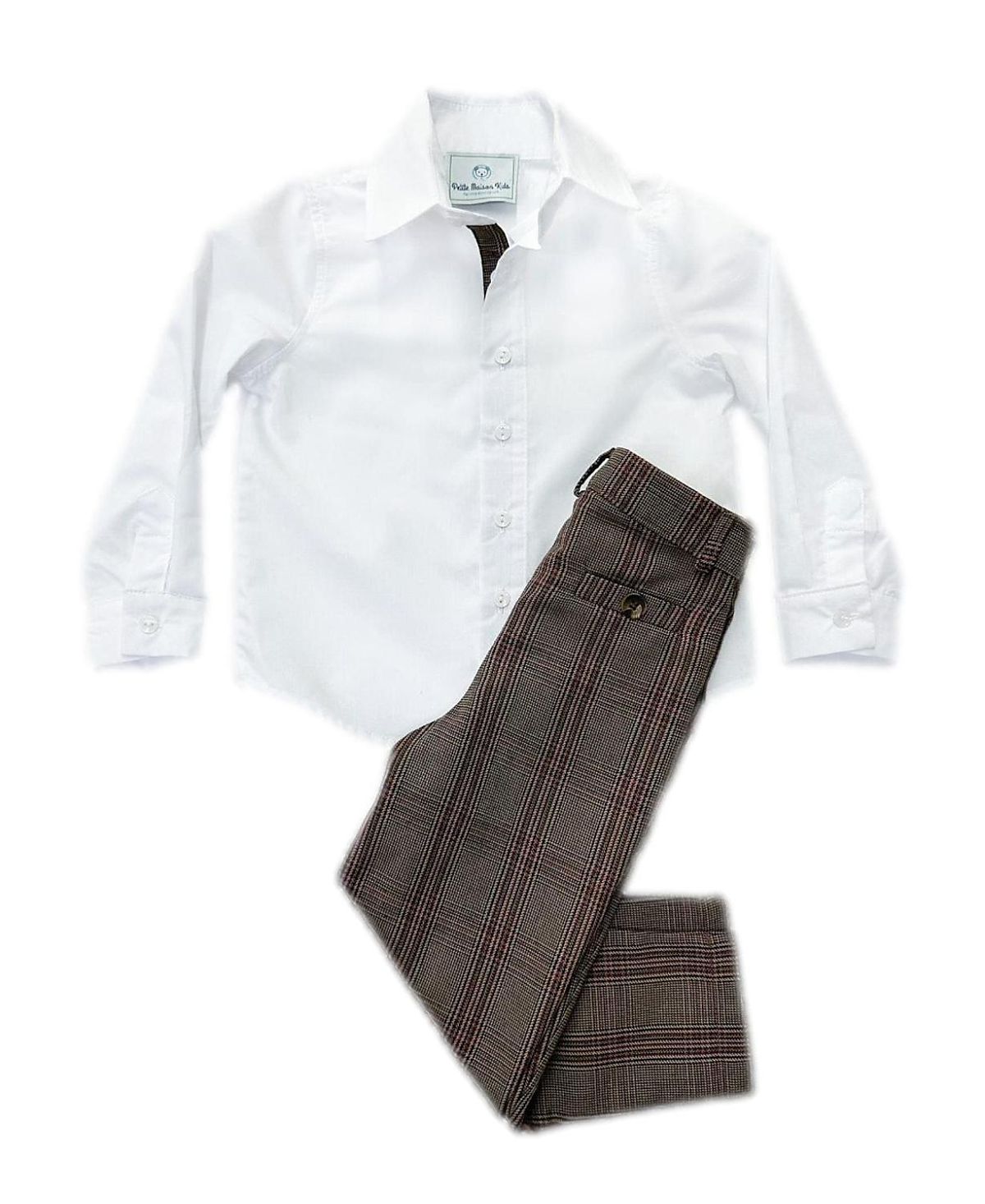 Petite Maison Kids Unisex Petite Maison Blair White Cotton Button Down Shirt with Estate Tweed Trim and Tweed Pants