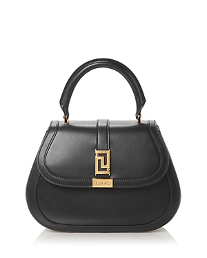 Versace Medium Greca Goddess Leather Top Handle Bag In Black/ Gold