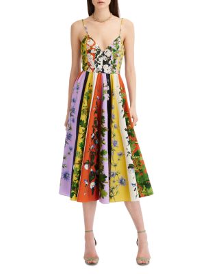 Oscar de la Renta - V-Neck Botanical Stripe Midi Dress