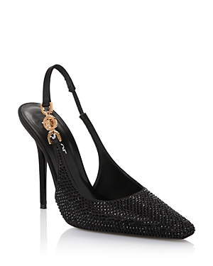 Shop Versace Women's Embellished Pointed Toe Slingback Pumps In Black/crystal