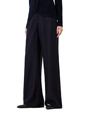 Armani Collezioni Melange Flannel Wool Wide Leg Pants In Solid Blue