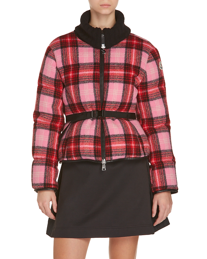 Moncler Zambeze Wool Check Belted Puffer Jacket In Pink