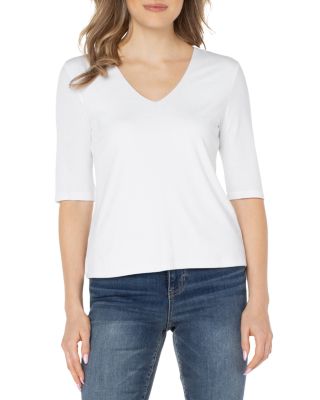 V Neck Rib Knit Elbow Sleeve Tee