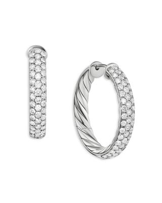 David Yurman - Sculpted Cable Hoop Earrings in Sterling Silver with Pav&eacute; Diamonds