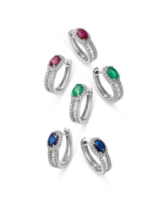 Precious Stone & Diamond Halo Hoop Earring in 14K White Gold