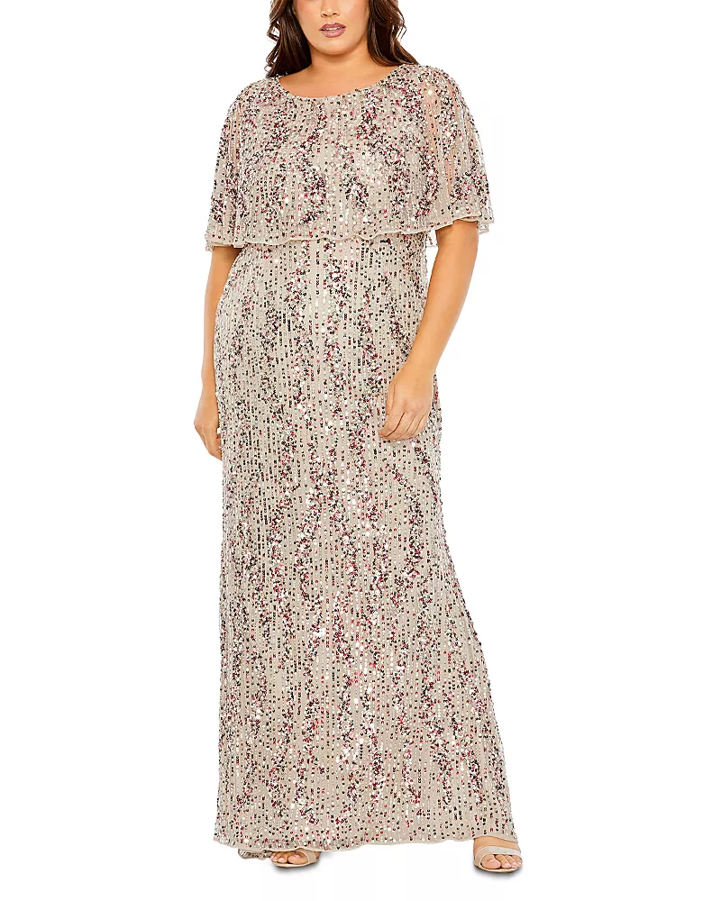 Mac Duggal Plus Cape Detail High Neck Column Gown