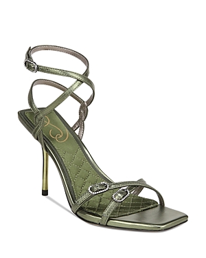 Shop Sam Edelman Women's Trevin Crystal Buckle High Heel Sandals In Metallic Olive