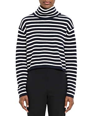 Theory Cropped Turtleneck Striped Sweater In Dark Navy/ivory