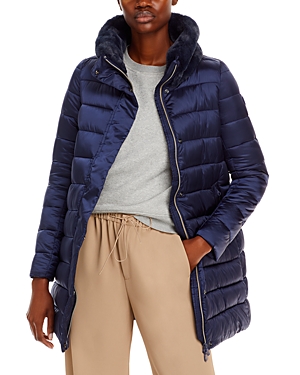 Save The Duck Dalea Water Repellent Puffer Coat With Faux Fur Collar In Blue/black
