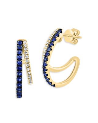 Sapphire & Diamond J Hoop Earrings in 14K Yellow Gold