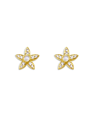 Meira T 14k Yellow Gold Diamond Moonstone Flower Stud Earrings