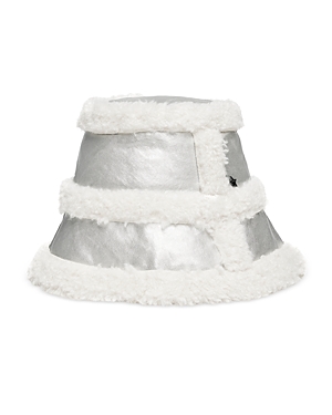 Shop Jocelyn Faux Shearling & Metallic Faux Leather Bucket Hat In Silver/white