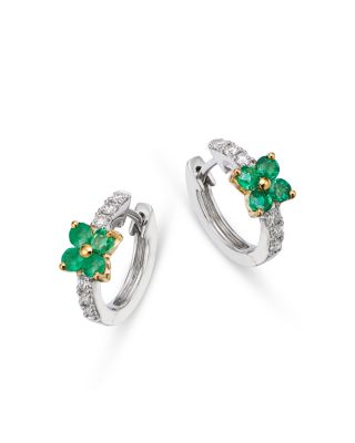 Bloomingdale's Fine Collection Emerald & Diamond Flower Huggie Hoop Earrings in 14K Yellow & White Gold