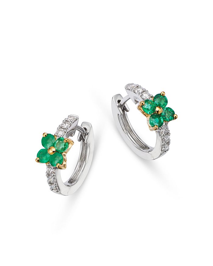 Bloomingdale's - Emerald & Diamond Flower Huggie Hoop Earrings in 14K Yellow & White Gold