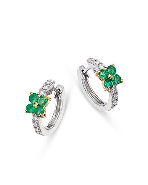 Bloomingdale's Emerald & Diamond Flower Huggie Hoop Earrings In 14k Yellow & White Gold In Green/white