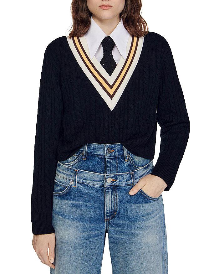 Sandro Contrast Stripe Cable Knit Sweater | Bloomingdale's