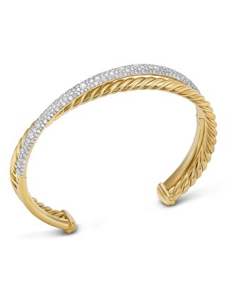Pav&eacute; Crossover Two Row Cuff Bracelet in 18K Yellow Gold with Diamonds, 10.5mm