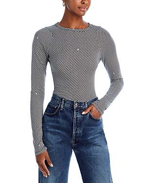 Rag & Bone Shaw Houndstooth Long Sleeve Cotton Top In Blackmult