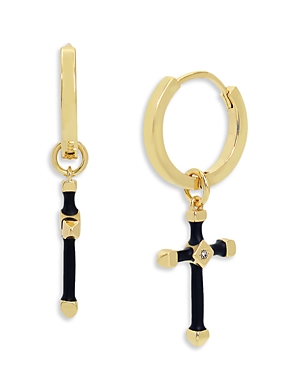 Allsaints Enamel Cross Dangle Huggie Hoop Earrings In Black/gold