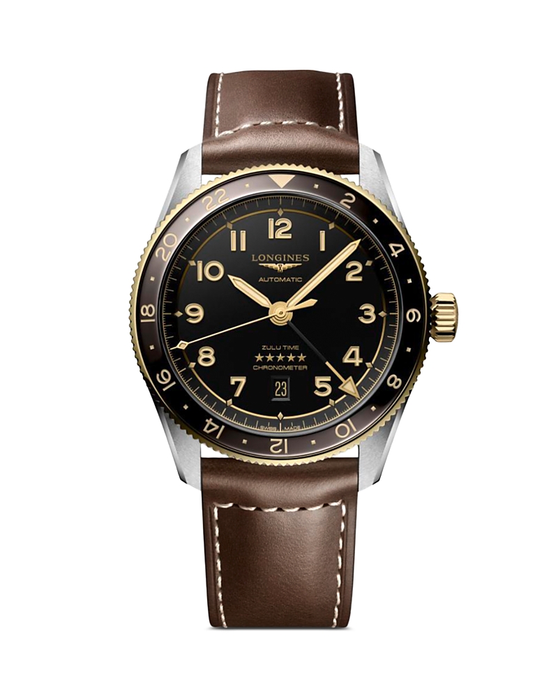 Longines Men's Swiss Automatic Spirit Zulu Time Brown Leather Strap Watch 39mm In Black/brown
