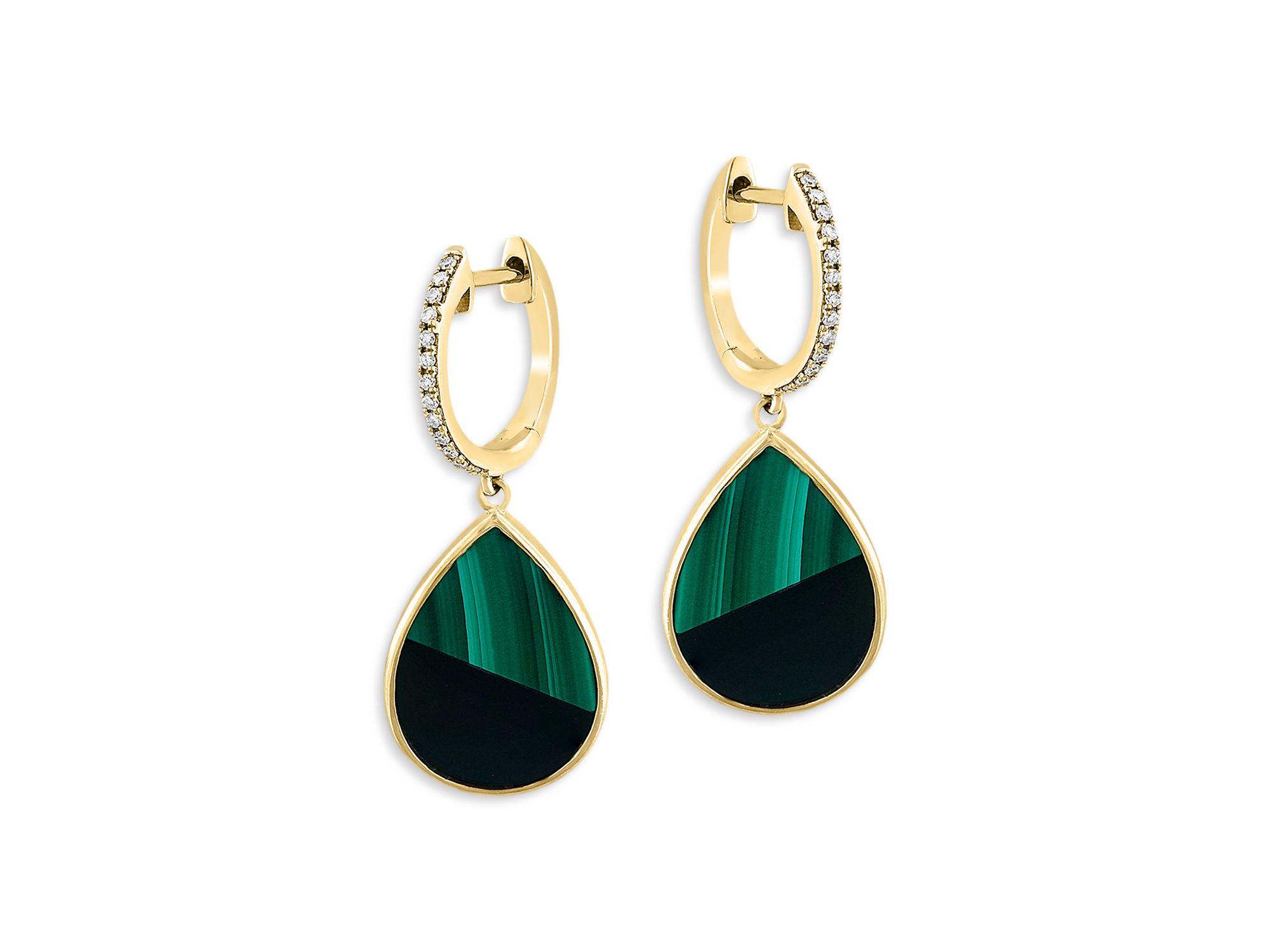 Malachite, Onyx & Diamond Tear Shape Drop Earrings in 14K Gold - Image 1