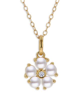 Moon & Meadow 14K Yellow Gold Cultured Freshwater Pearl & Diamond Flower Pendant Necklace, 18