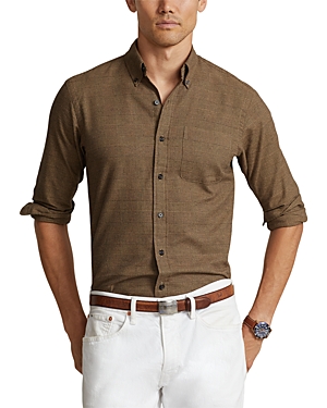 Polo Ralph Lauren Cotton Twill Plaid Custom Fit Button Down Shirt In Khaki/brown