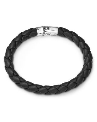 Men's Bamboo Silver Black Woven Leather Bracelet