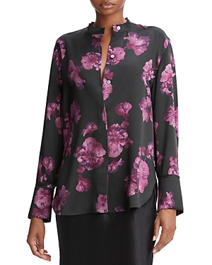 Shop Vince Begonia Floral Silk Banded Collar Shirt In Wine