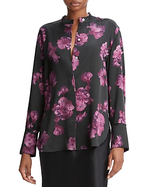 Vince Begonia Print Raw Neck Silk Blouse In Wine