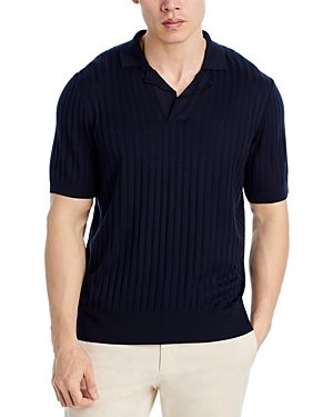 Hugo Boss Silk Sweater Knit Regular Fit Camp Collar Polo Shirt In Dark Blue