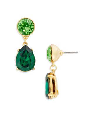Kenneth Jay Lane Imitation Pearl & Green Stone Drop Earrings in Gold Tone