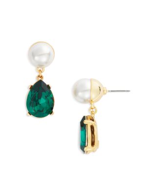 Kenneth Jay Lane - Imitation Pearl & Green Stone Drop Earrings in Gold Tone