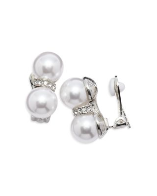 Pav&eacute; Divider Imitation Pearl Clip On Stud Earrings in Rhodium Plated