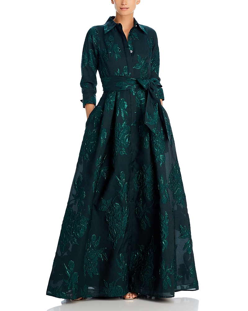 Teri Jon By Rickie Freeman Three-quarter Sleeve Metallic Jacquard Shirt Waist Gown In Emerald