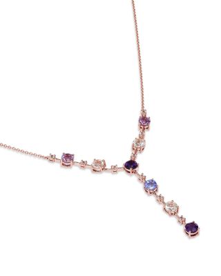 Multi Gemstone & Diamond Lariat Necklace in 14K Rose Gold, 17"