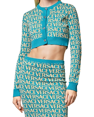 Shop Versace All Over Logo Cropped Cardigan In Turquoise/light Blue