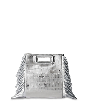 Maje Mini M Croc Embossed Metallic Leather Small Handbag In Silver