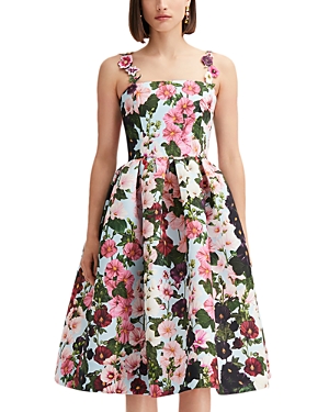 Shop Oscar De La Renta Floral Embellished Strap Dress In Pink/pale Blue