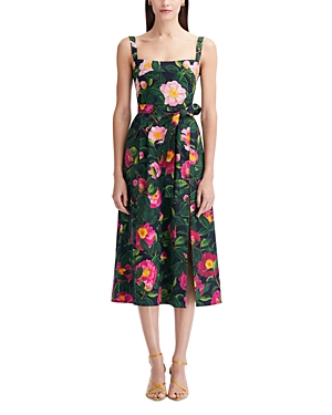 Shop Oscar De La Renta Floral Print Belted Midi Dress In Pink/navy