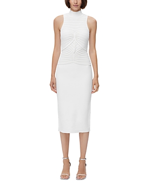 Herve Leger Gathered Chenille Pleated Stripe Midi Dress In Alabaster