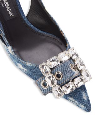 Women's Distressed Denim Kitten Heel Slingback Pumps 