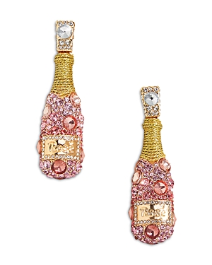 Think Pink Crystal Rose Bottle Drop Earrings in Gold Tone